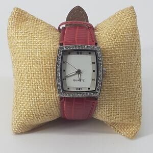 Women's Red Croc Embossed Strap faux leather Rhinestone Squared Case White